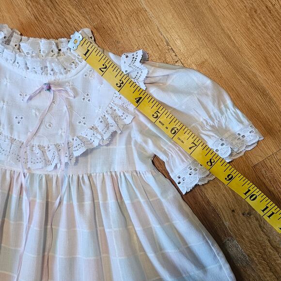 Vtg Sears Dress Girls 2T Pastel Plaid Lace Puff Sleeve Ruffle Easter Cottagecore - Picture 10 of 10